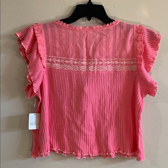 FREE PEOPLE Sarafina Embroidered Ruffle Sleeve Top NWT Pink Lemonade Combo - Picture 6 of 12